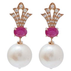 13 Mm Pearls, Rubies, Diamonds, 14 Karat Rose Gold Earrings.