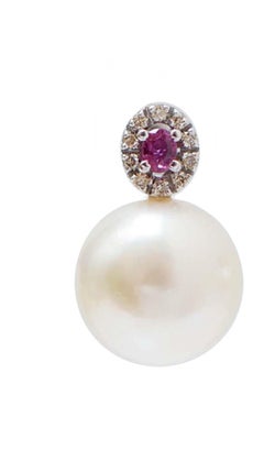 13 Mm Pearls, Rubies, Diamonds, 14 Karat White Gold Earrings.