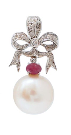 13 Mm Pearls, Rubies, Diamonds, 14 Karat White Gold Earrings.