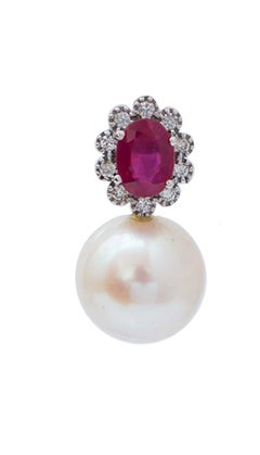 13 Mm Pearls, Rubies, Diamonds, 14 Karat White Gold Earrings.