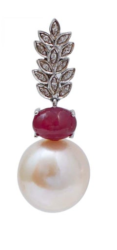13 Mm Pearls, Rubies, Diamonds, 14 Karat White Gold Earrings.