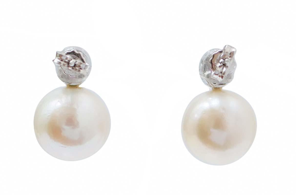 Rétro Orecchini da 13 mm con perle, rubini, diamanti, oro bianco 14 carati. in vendita