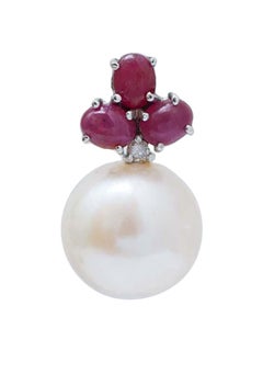 13 Mm Pearls, Rubies, Diamonds, 14 Kt White Gold Earrings.