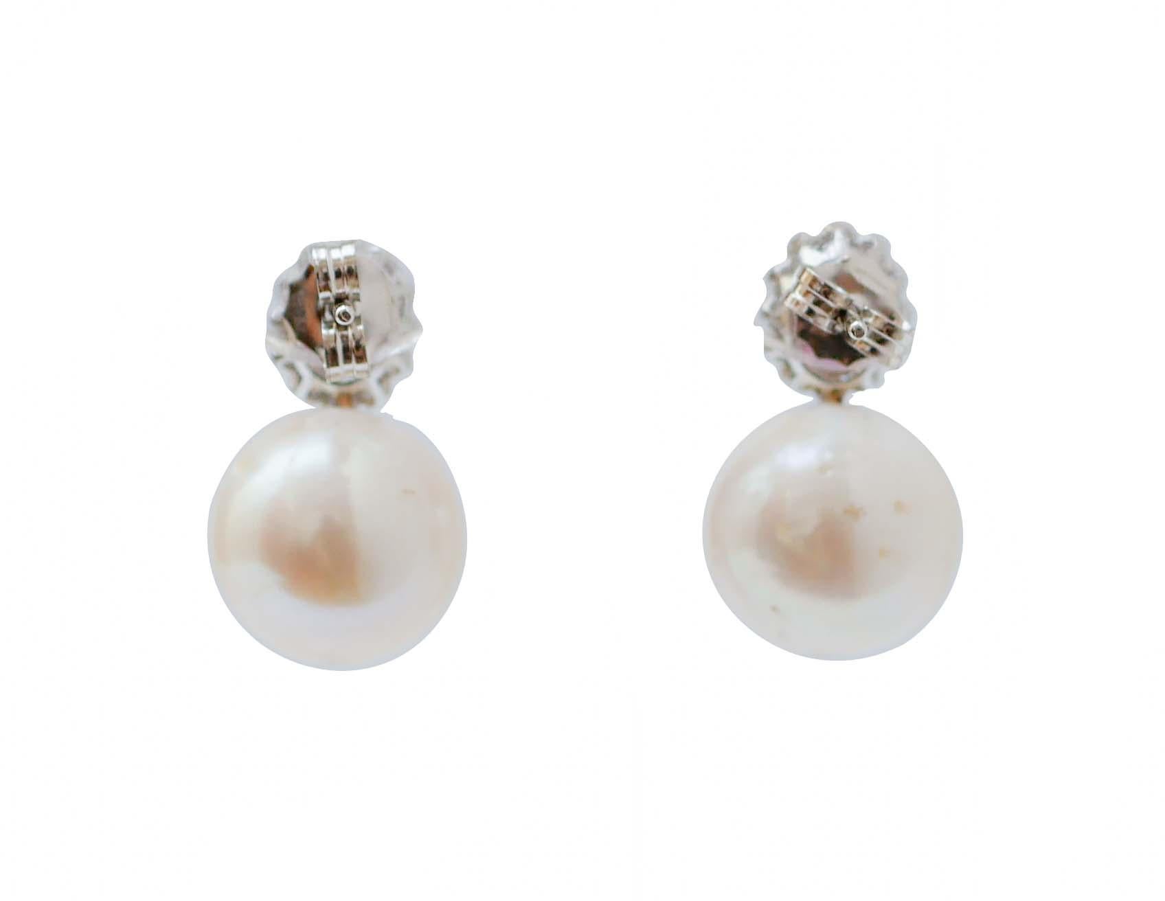 Modern 13 Mm Pearls, Rubies, Diamonds, 18 Karat White Gold Earrings. For Sale