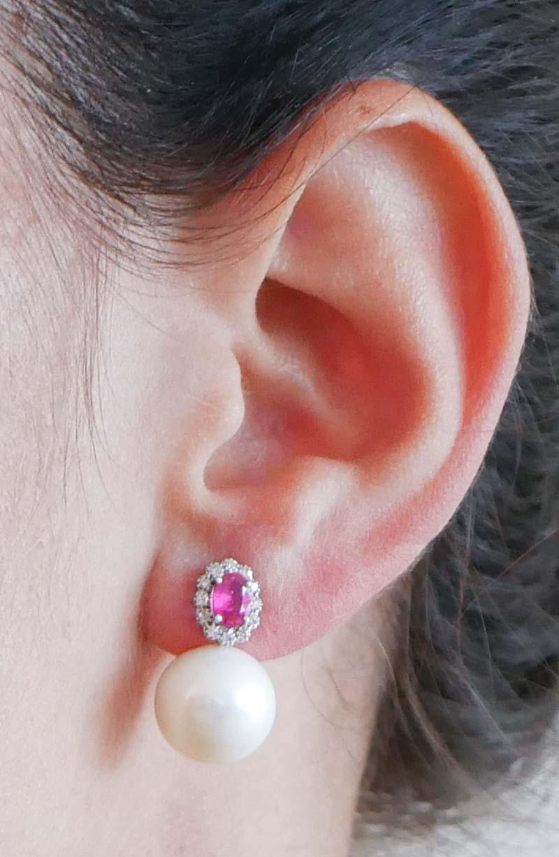 Mixed Cut 13 Mm Pearls, Rubies, Diamonds, 18 Karat White Gold Earrings. For Sale