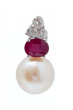 13 Mm Pearls, Rubies, Diamonds, Platinum Earrings.