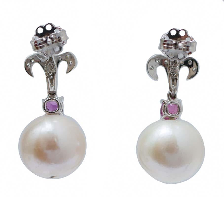 Retro 13 Mm Pearls, Rubies, Diamonds, Platinum Earrings. For Sale
