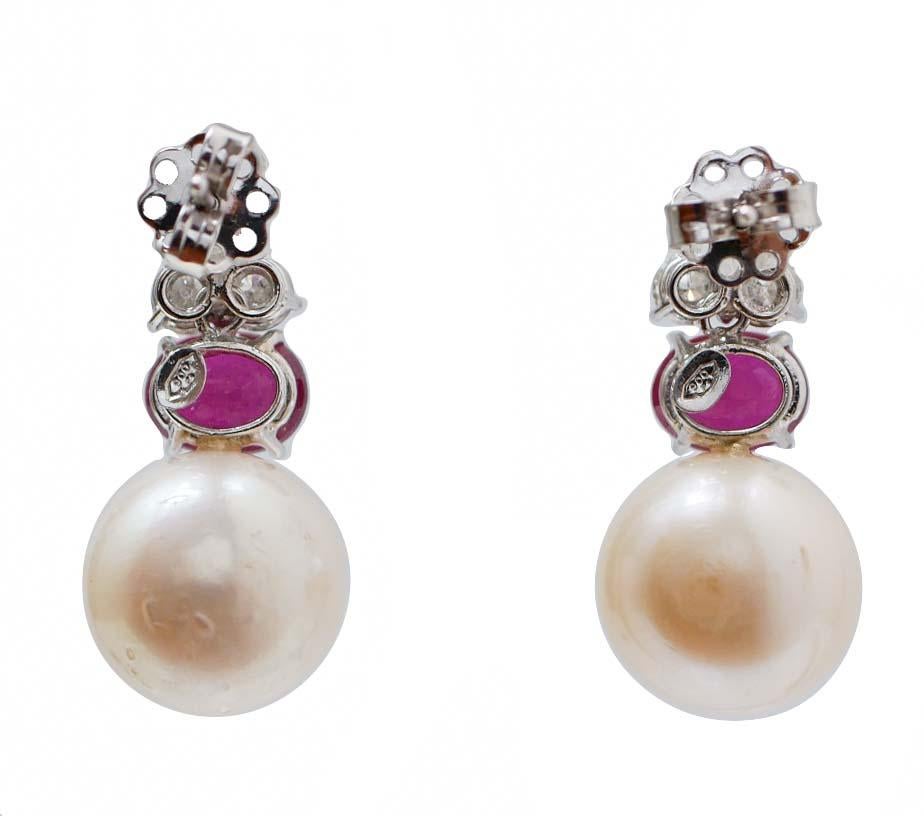 Pendientes de perlas de 13 mm, rubíes, diamantes y platino. Retro en venta