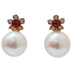 13 Mm Pearls, Rubies, Diamonds, Rose Gold Flower Earrings.