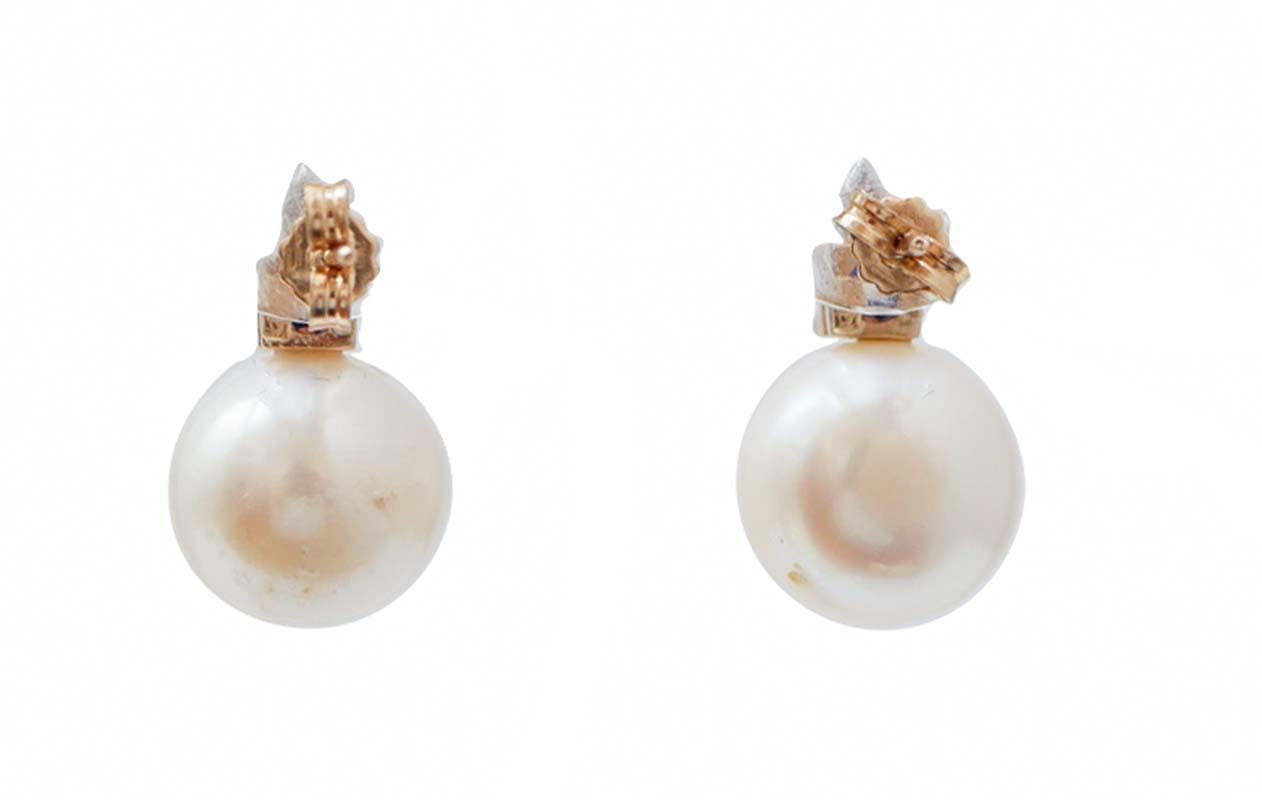 Rétro Orecchini da 13 mm con perle, zaffiri, diamanti, oro rosa 14 carati. in vendita