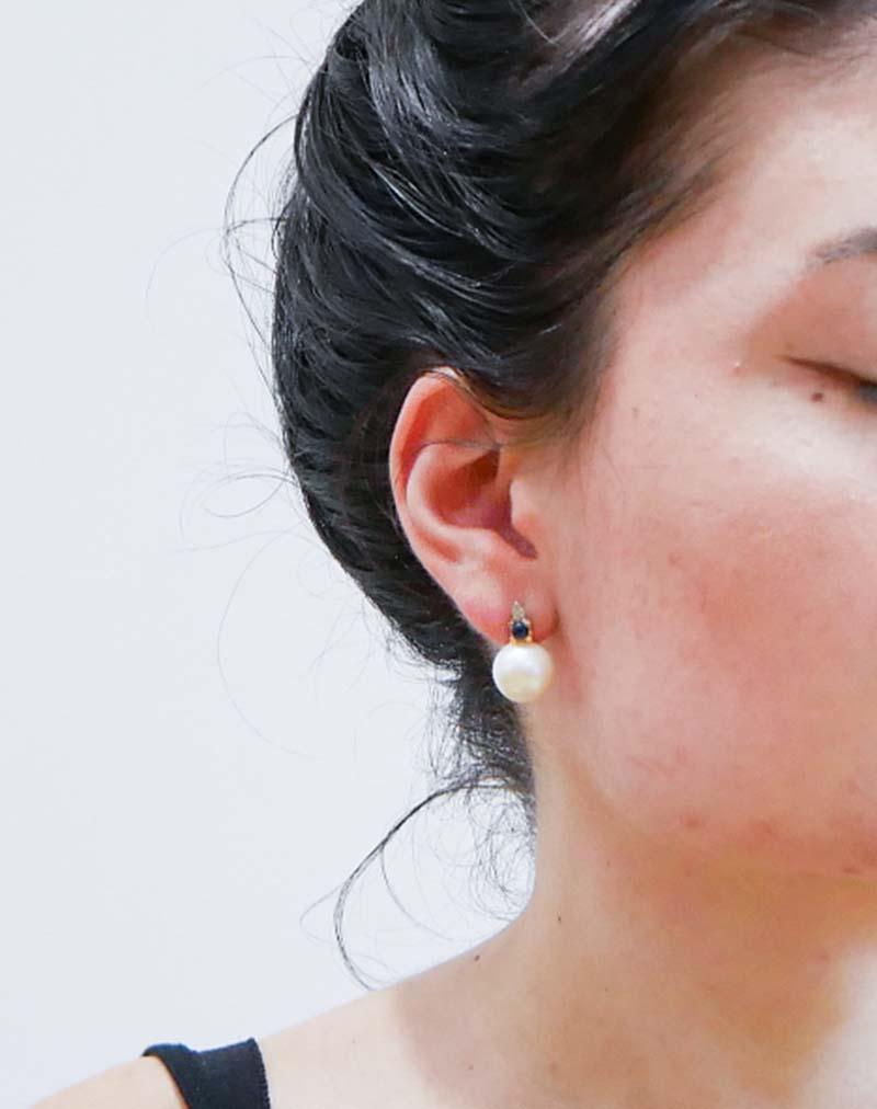 Taglio misto Orecchini da 13 mm con perle, zaffiri, diamanti, oro rosa 14 carati. in vendita