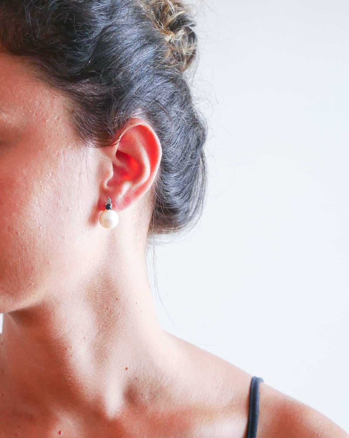 Taglio misto Orecchini da 13 mm con perle, zaffiri, diamanti, oro rosa 14 carati. in vendita