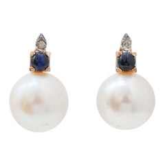 13 Mm Pearls, Sapphires, Diamonds, 14 Karat Rose Gold Earrings.