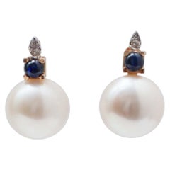 13 Mm Pearls, Sapphires, Diamonds, 14 Karat Rose Gold Earrings.