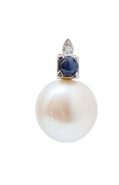 13 Mm Pearls, Sapphires, Diamonds, 14 Karat White Gold Earrings.