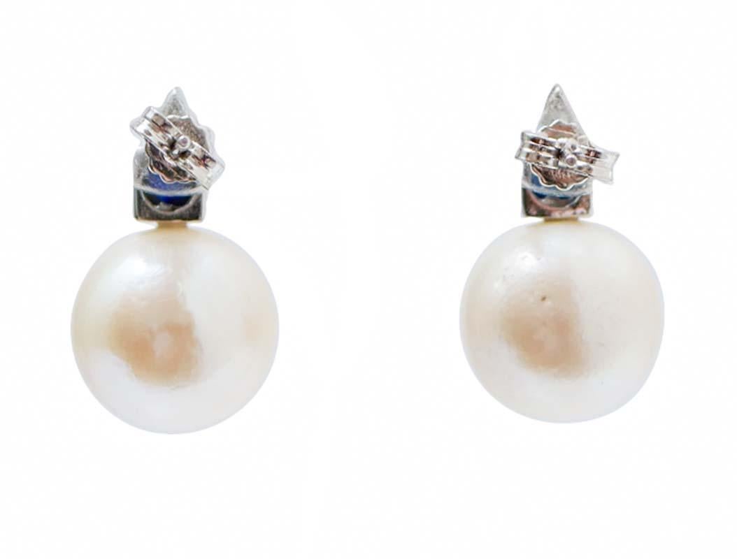 Rétro Boucles d'oreilles en or blanc 14 carats, perles, saphirs, diamants et 13 m en vente