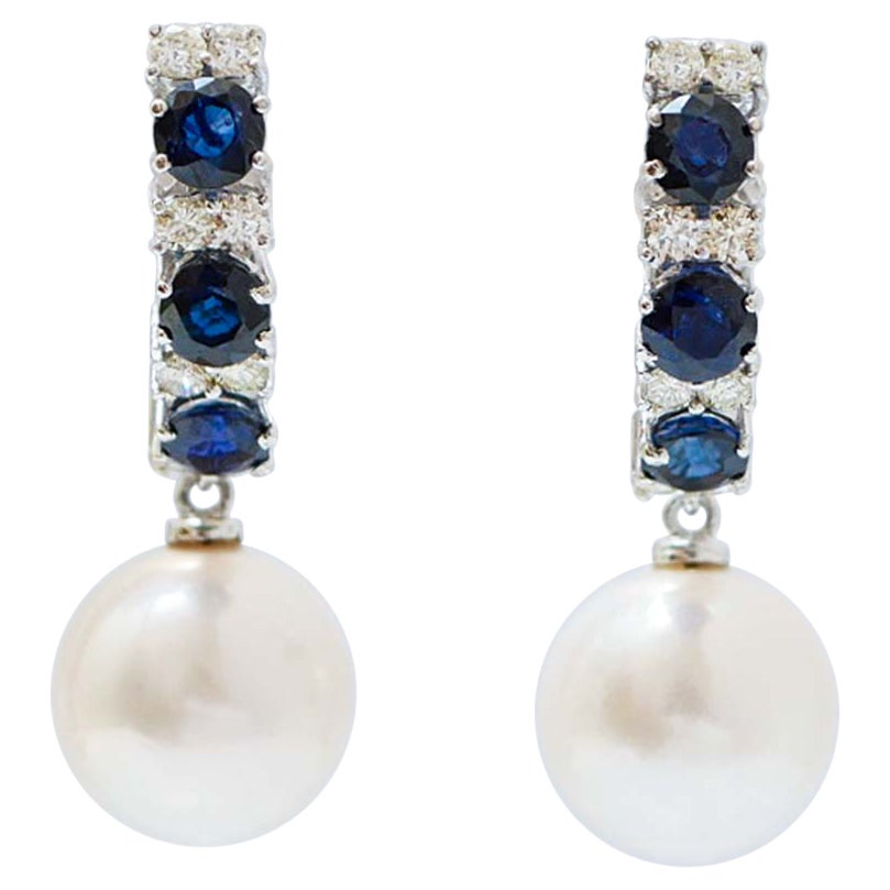 13 Mm Perlen, Saphire, Diamanten, 18 Karat Weißgold Ohrringe.