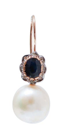 13 Mm Pearls. Sapphires, Diamonds, Rose Gold and Silver Earrings.