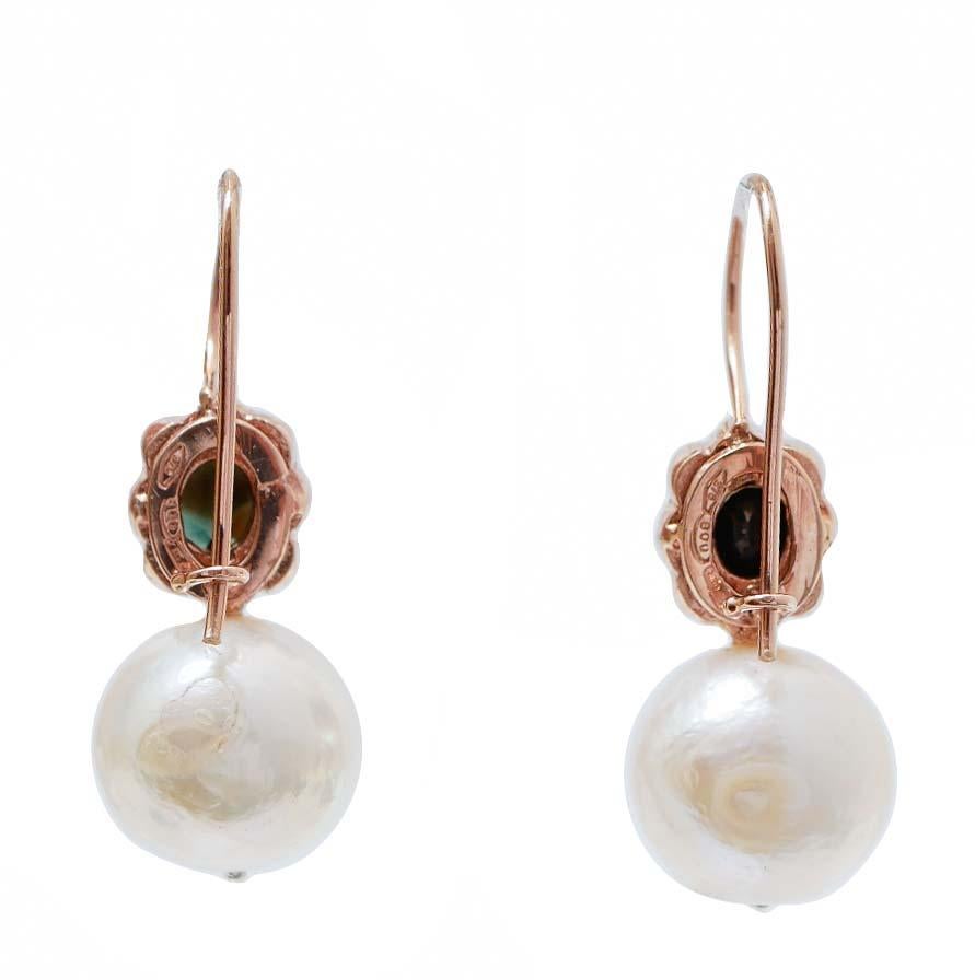 Retro 13 Mm Pearls. Sapphires, Diamonds, Rose Gold and Silver Earrings. For Sale