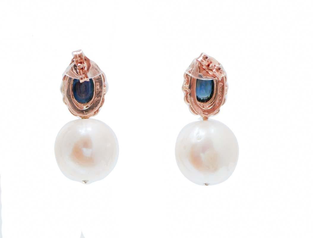 Rétro Orecchini da 13 mm con perle, zaffiri, diamanti, oro rosa e argento. in vendita