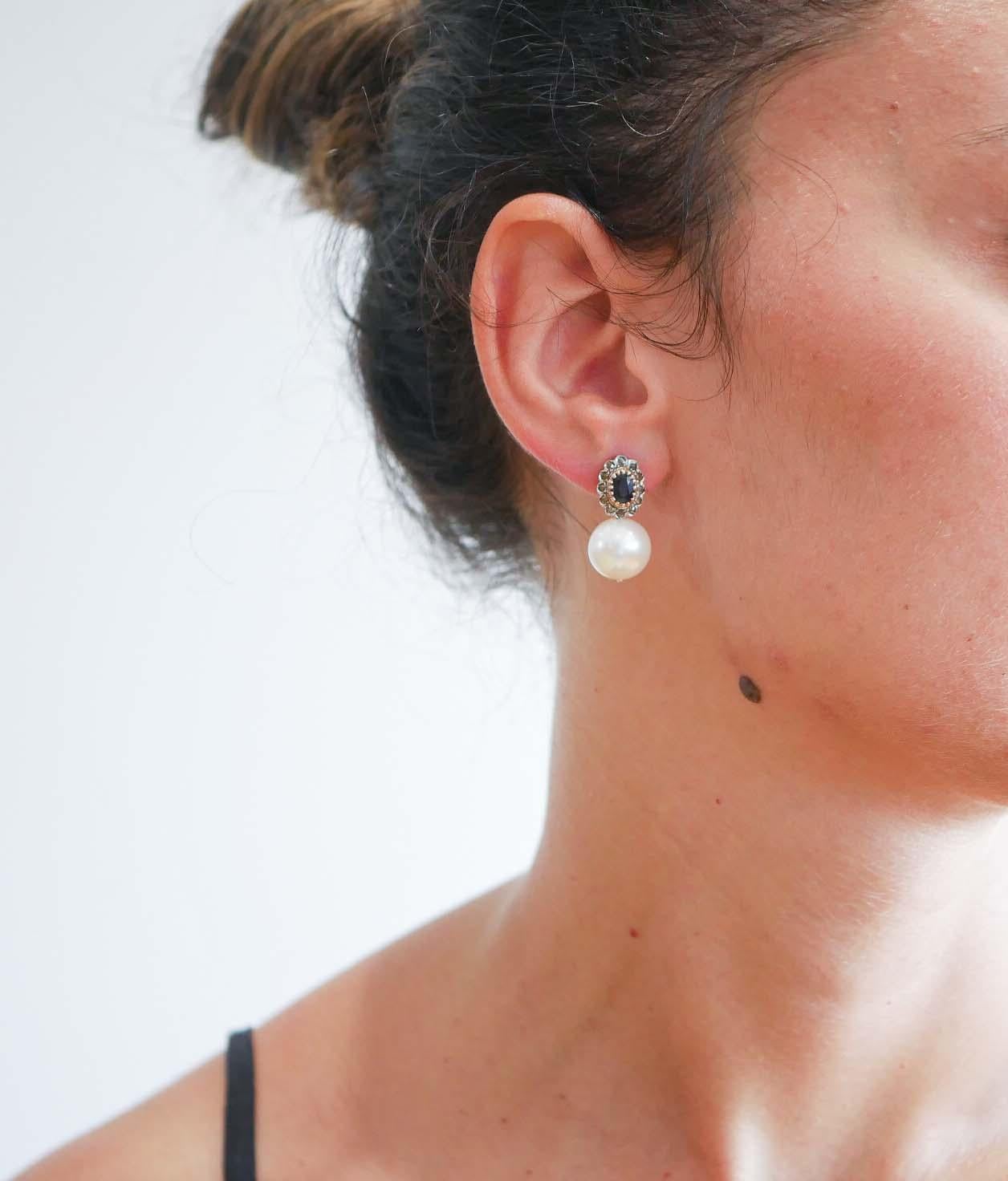 Taglio misto Orecchini da 13 mm con perle, zaffiri, diamanti, oro rosa e argento. in vendita