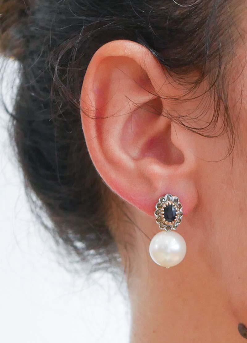 Orecchini da 13 mm con perle, zaffiri, diamanti, oro rosa e argento. In condizioni Nuovo in vendita a Marcianise, Marcianise (CE)