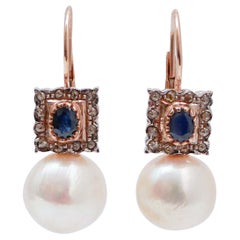 13 Mm Pearls, Sapphires, Diamonds, Rose Gold and Silver Earrings.