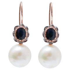 13 Mm Perles. Saphirs, diamants, boucles d'oreilles en or rose et en argent.