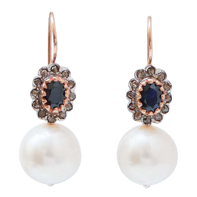 13 Mm Pearls, Sapphires, Diamonds, Rose Gold and Silver Earrings.