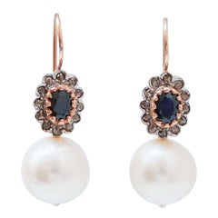 13 Mm Pearls, Sapphires, Diamonds, Rose Gold and Silver Earrings.