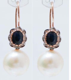 13 Mm Pearls. Sapphires, Diamonds, Rose Gold and Silver Earrings.