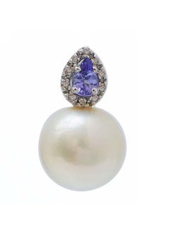 13 Mm Pearls, Tanzanite, Diamonds, 14 Karat White Gold Earrings.