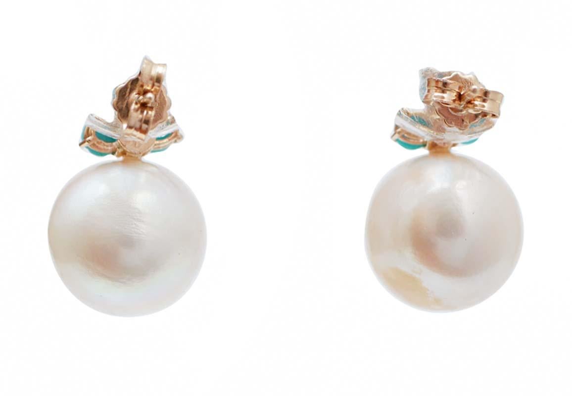Retro 13 Mm Pearls, Turquoise, Diamonds, 14 Karat Rose Gold Earrings. For Sale
