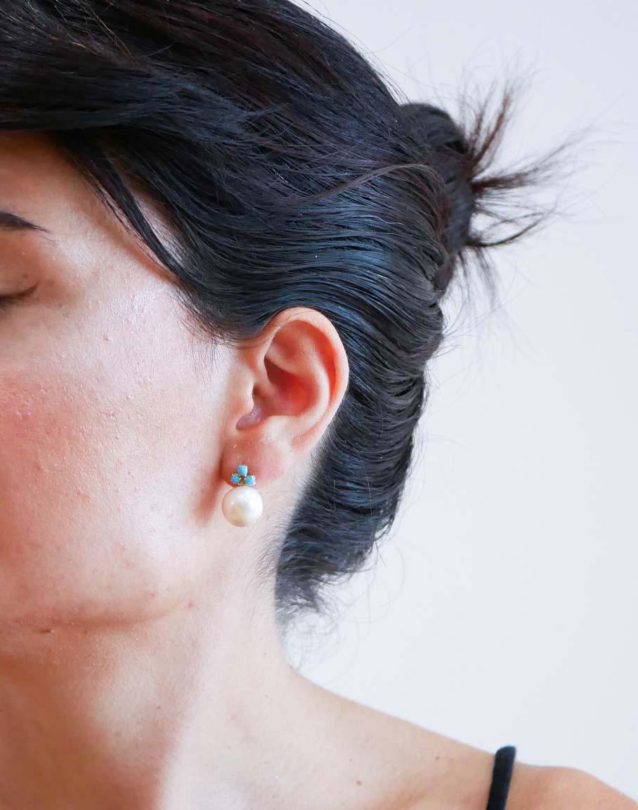 Mixed Cut 13 Mm Pearls, Turquoise, Diamonds, 14 Karat Rose Gold Earrings. For Sale