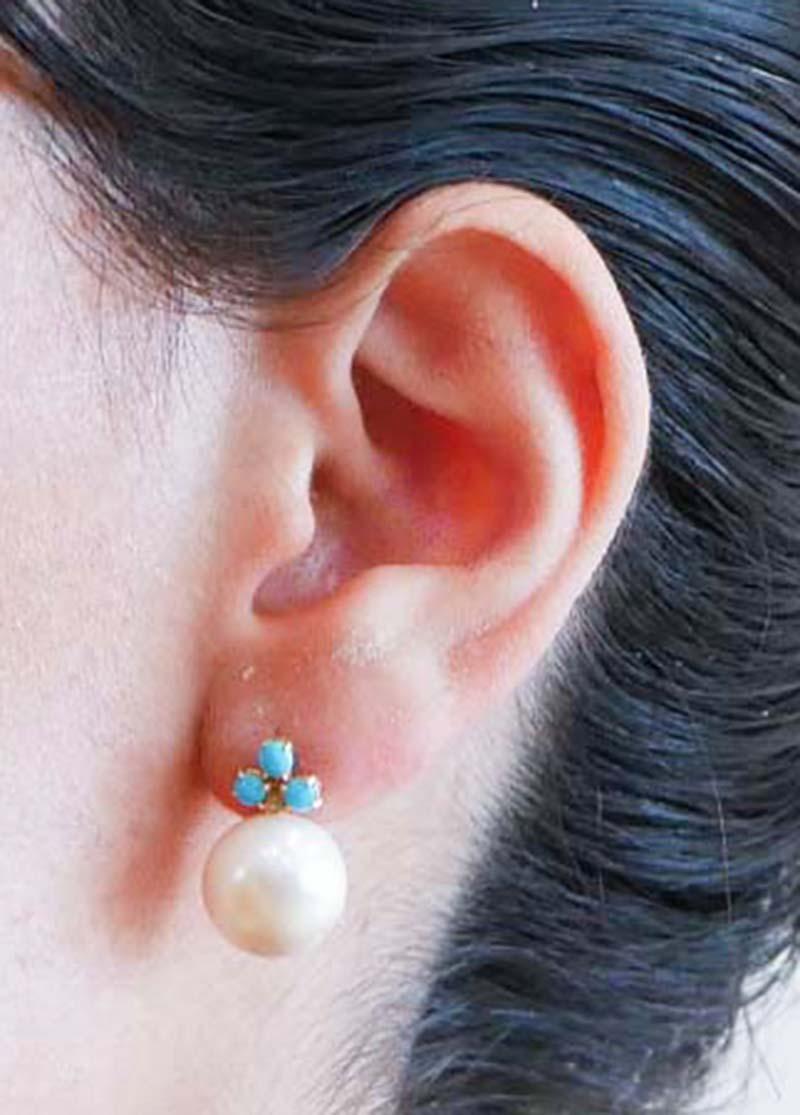 13 Mm Pearls, Turquoise, Diamonds, 14 Karat Rose Gold Earrings. In Good Condition For Sale In Marcianise, Marcianise (CE)