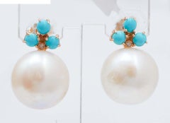 13 Mm Pearls, Turquoise, Diamonds, 14 Karat Rose Gold Earrings.