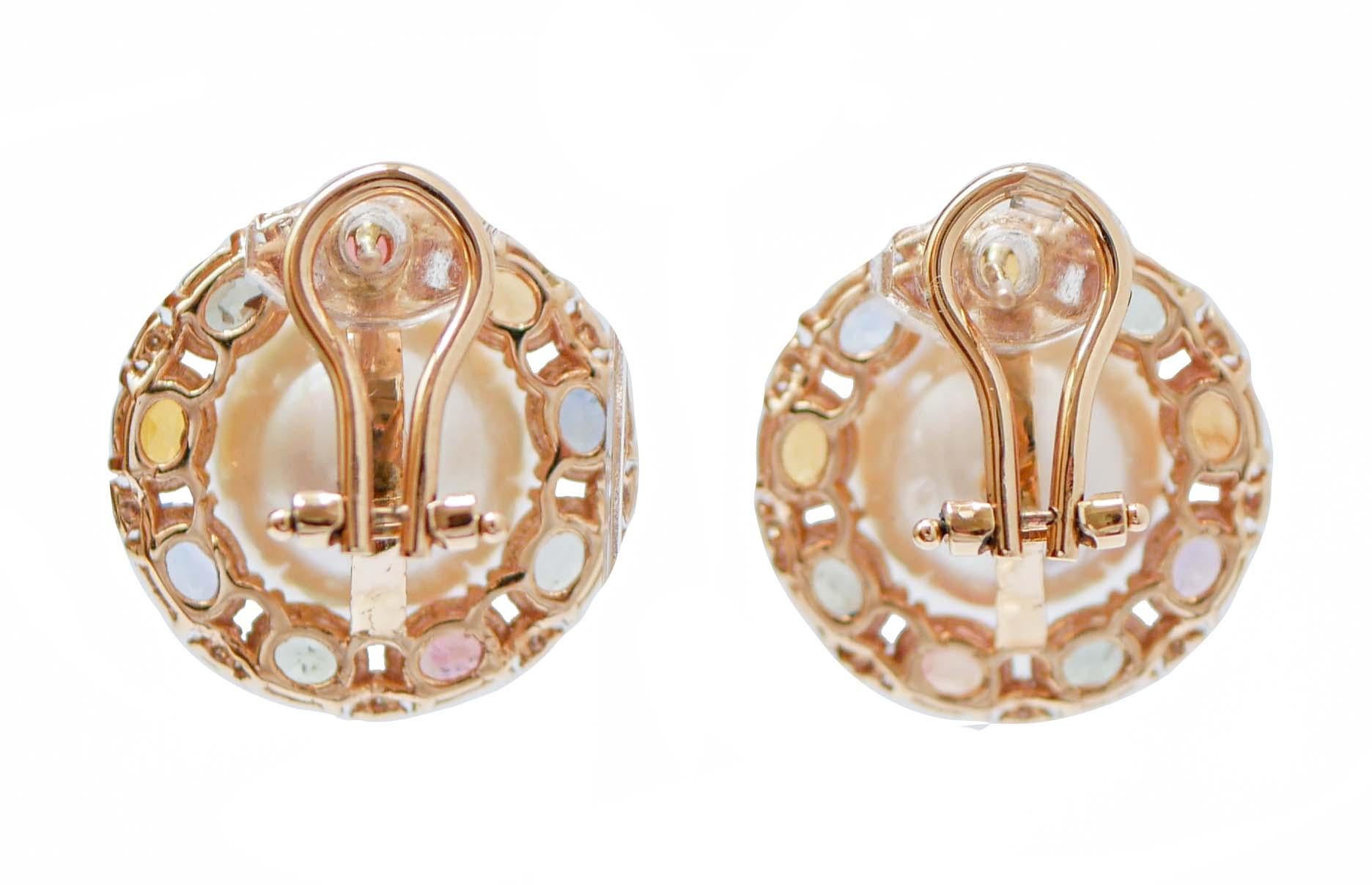 Pendientes de Perlas del Mar del Sur de 13 Mm, Zafiros Multicolores, Diamantes, Oro Rosa de 14 Kt Retro en venta