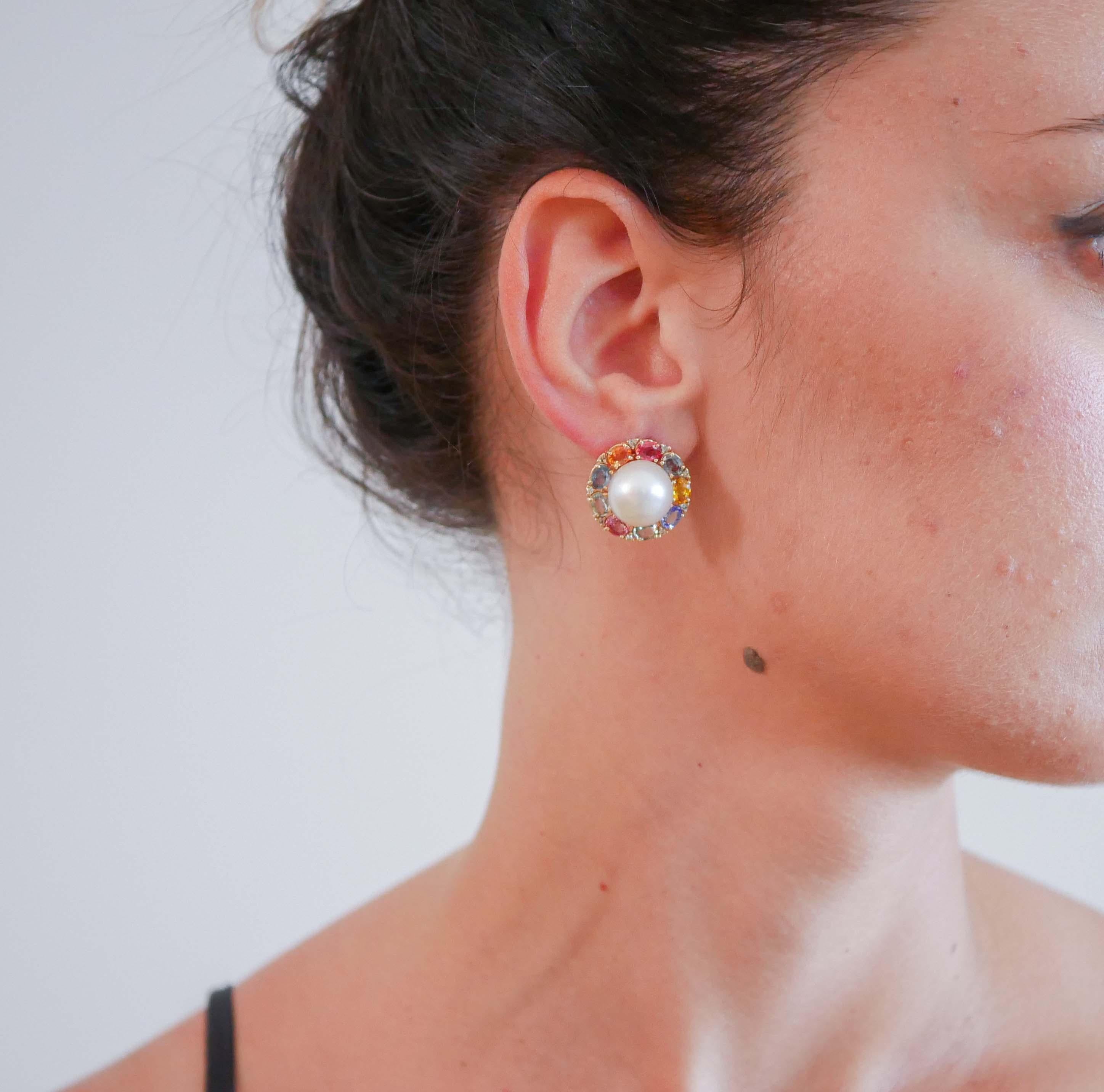 Pendientes de Perlas del Mar del Sur de 13 Mm, Zafiros Multicolores, Diamantes, Oro Rosa de 14 Kt Corte mixto en venta
