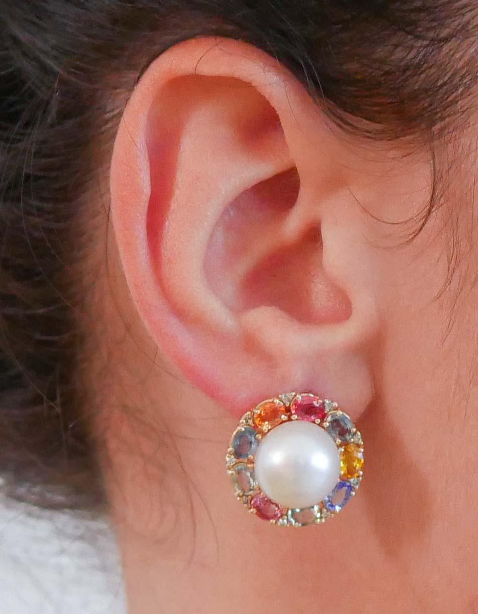 Pendientes de Perlas del Mar del Sur de 13 Mm, Zafiros Multicolores, Diamantes, Oro Rosa de 14 Kt en Bueno estado para la venta en Marcianise, Marcianise (CE)
