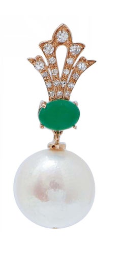 13 Mm White Pearls, Agate, Diamonds, 14 Karat Rose Gold Earrings.