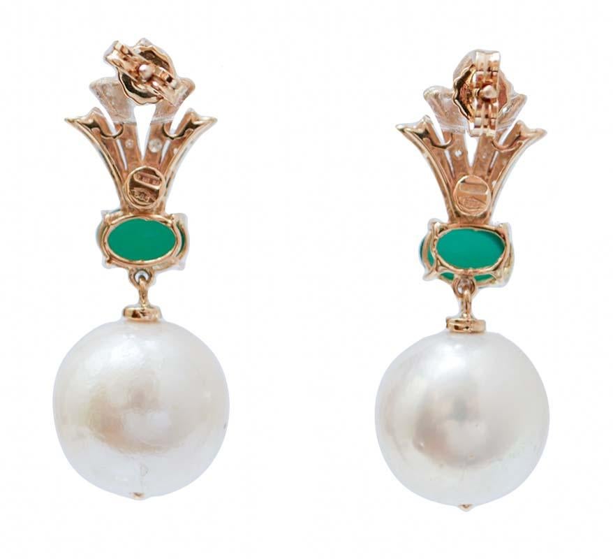 Retro 13 Mm White Pearls, Agate, Diamonds, 14 Karat Rose Gold Earrings. For Sale