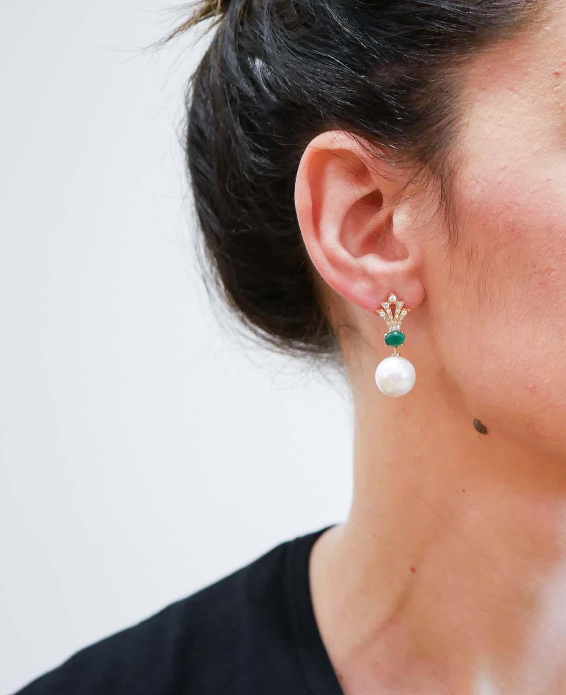 Mixed Cut 13 Mm White Pearls, Agate, Diamonds, 14 Karat Rose Gold Earrings. For Sale