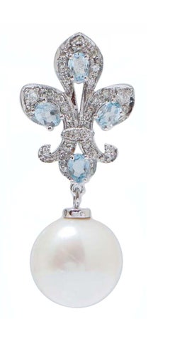 Boucles d'oreilles en or blanc 14 carats, perles blanches, topaze de couleur aigue-marine et diamants 13 m