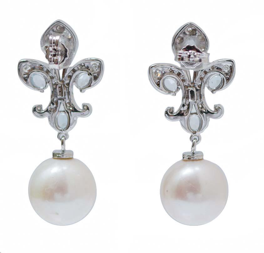 Retro 13 Mm White Pearls, Aquamarine Colour Topaz, Diamonds, 14 Kt White Gold Earrings For Sale