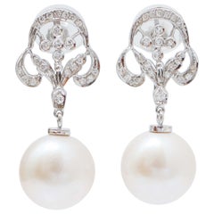 13 Mm White Pearls, Diamonds, 14 Karat White Gold Dangle Earrings.