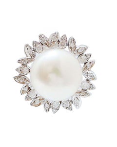 13 Mm White Pearls, Diamonds, 14 Karat White Gold Earrings.