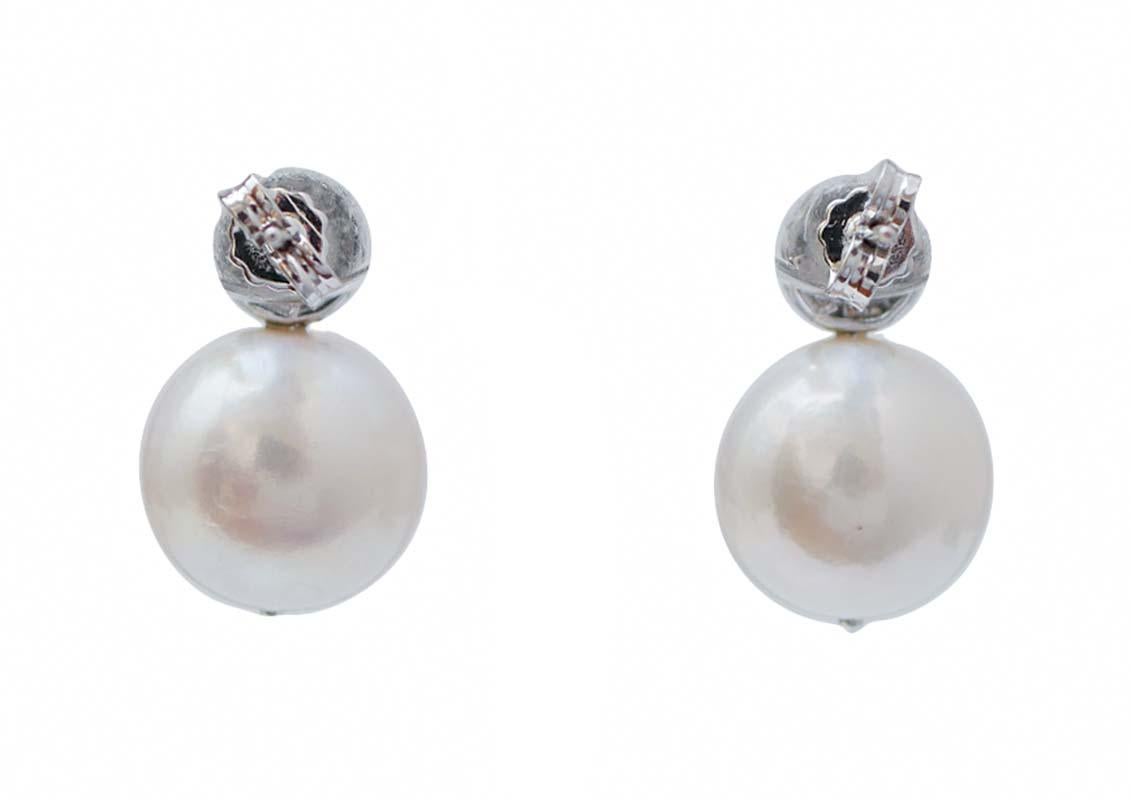 Retro 13 Mm White Pearls, Diamonds, 14 Karat White Gold Earrings.