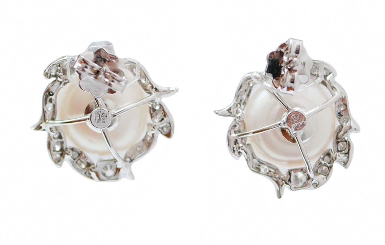 Retro 13 Mm White Pearls, Diamonds, 14 Karat White Gold Earrings. For Sale