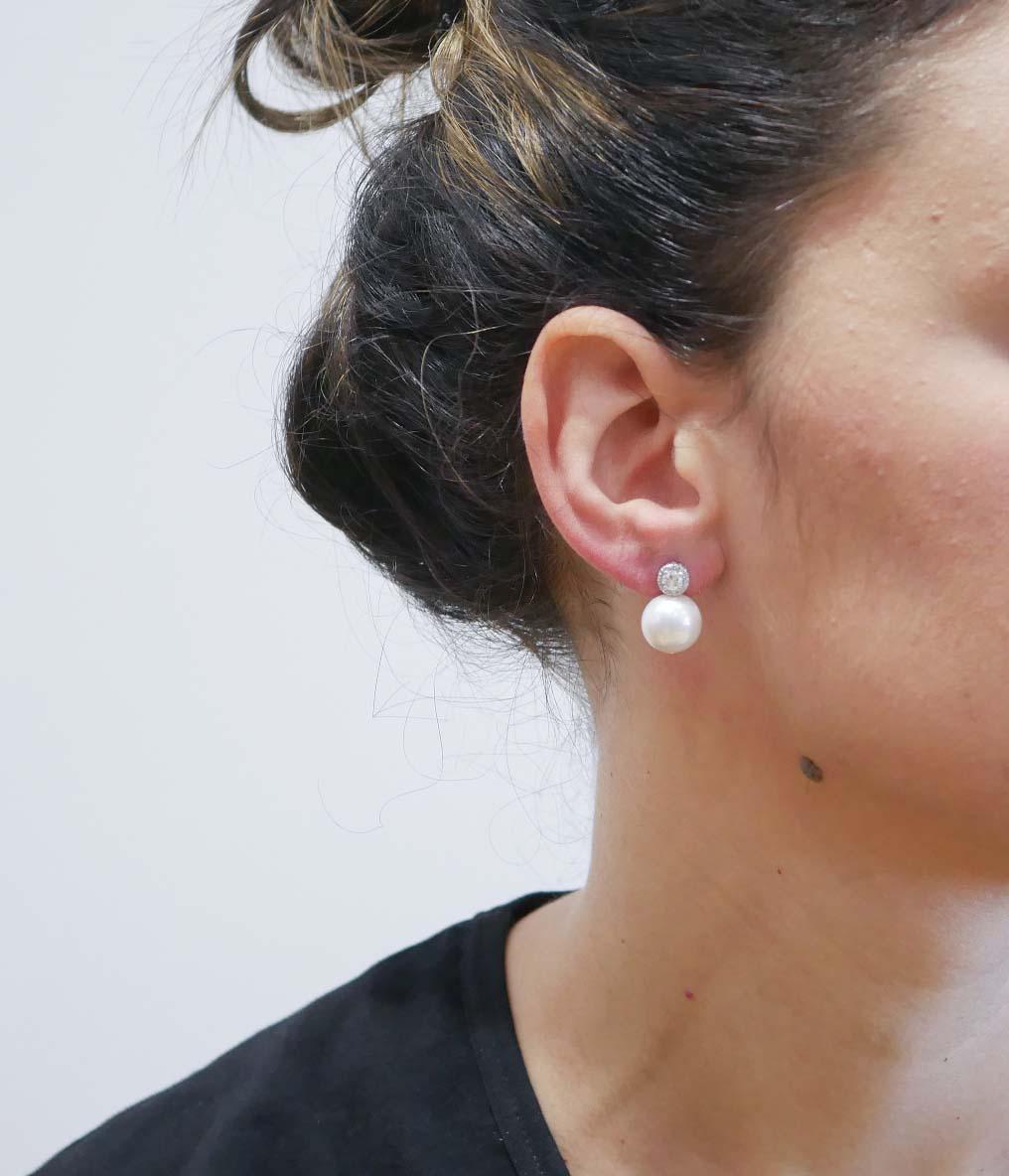 Mixed Cut 13 Mm White Pearls, Diamonds, 14 Karat White Gold Earrings.