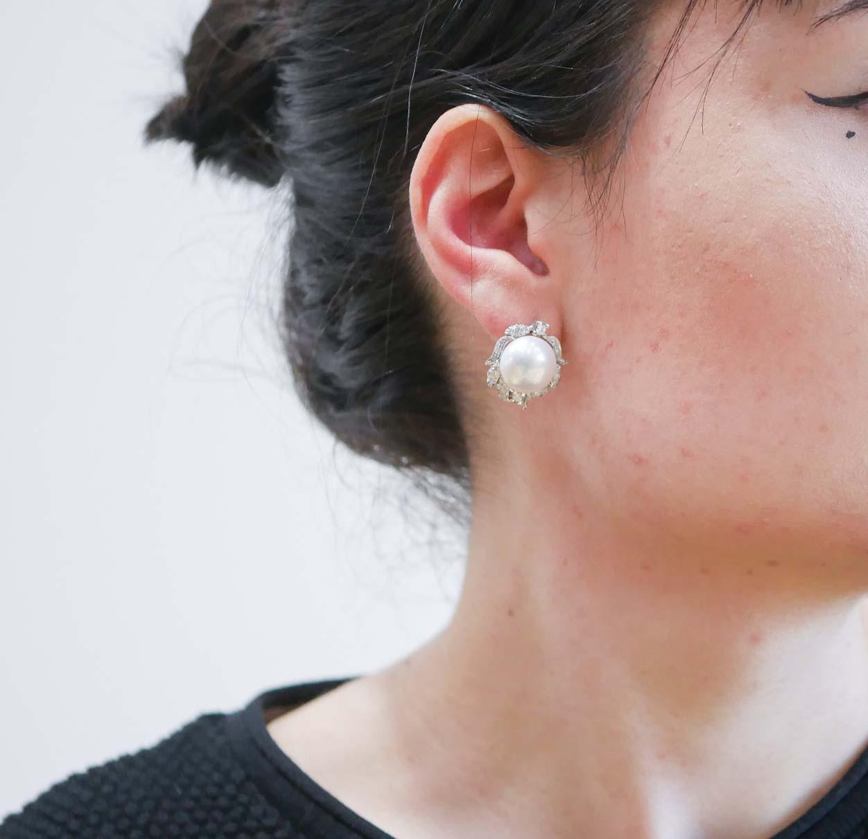 Brilliant Cut 13 Mm White Pearls, Diamonds, 14 Karat White Gold Earrings. For Sale